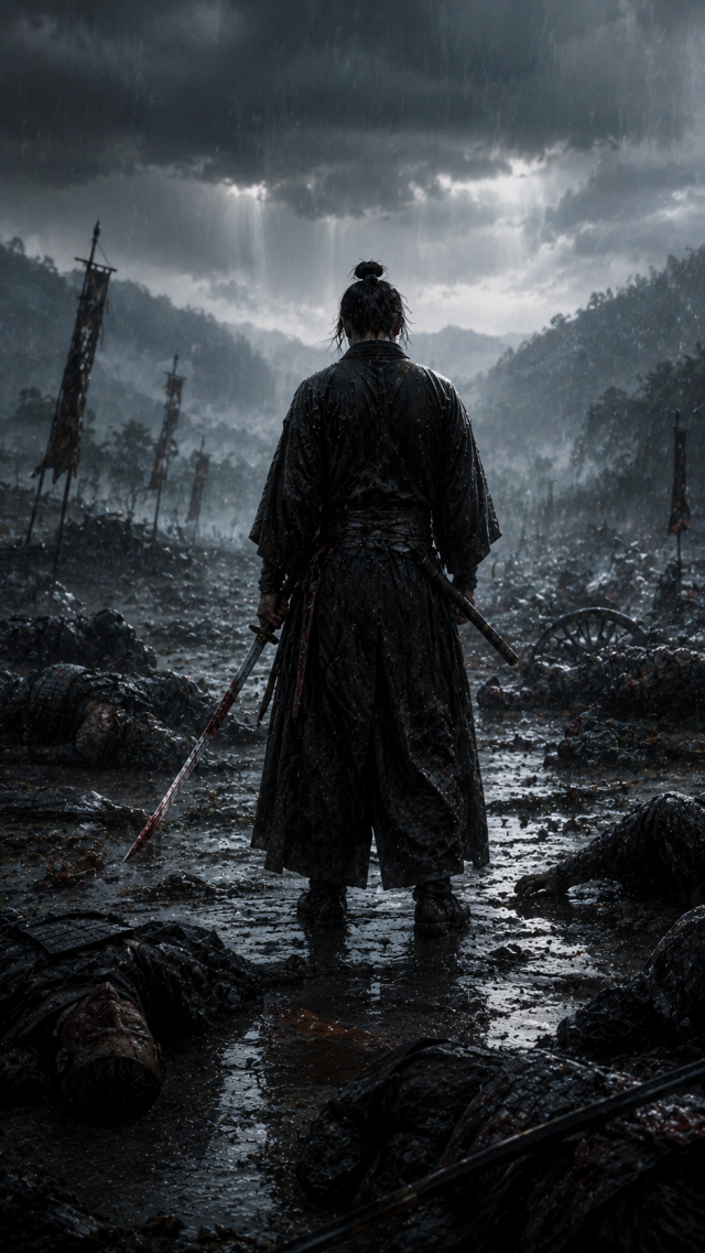 Samurai in Black and White Battlefield Rain