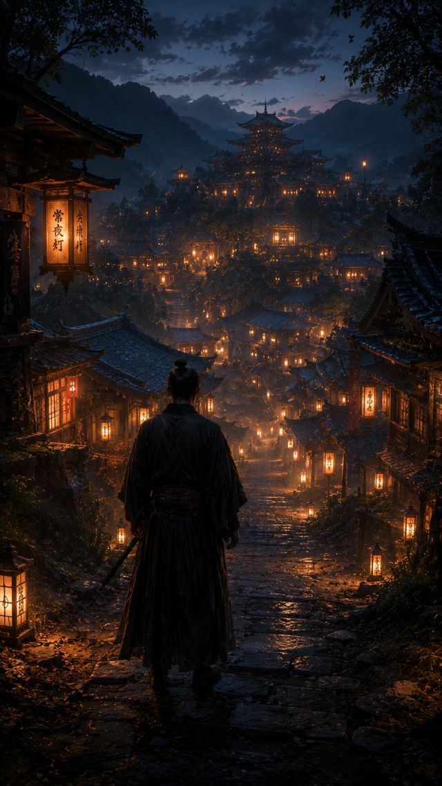 Samurai Entering Lantern Village at Night