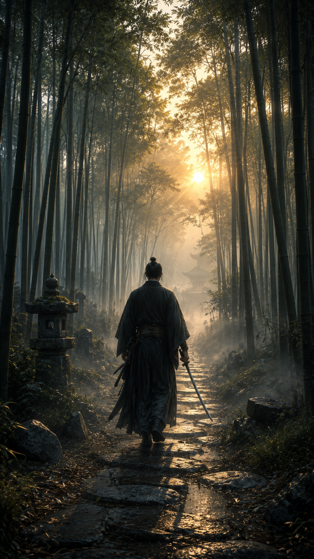 Samurai Walking Sunlit Bamboo Path