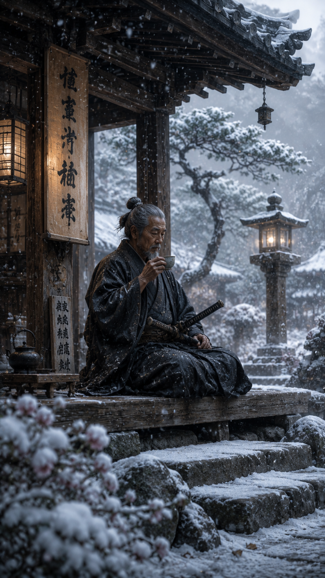 Old Samurai Sitting On Snowy Temple Steps