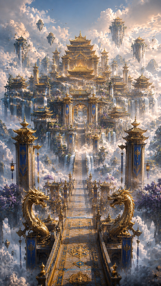 Golden Floating Sky Palace with Dragons