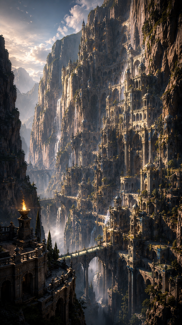 Vertical Cliff City with Lantern Bridges