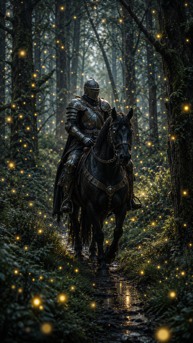 Armored Rider in Glowing Forest