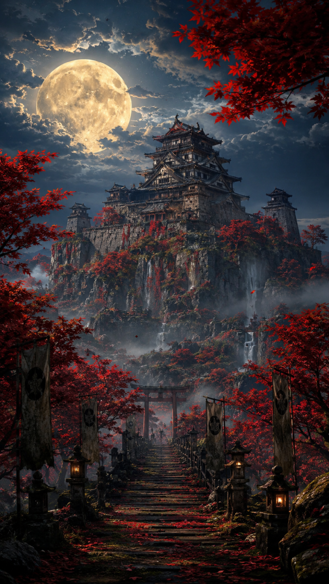 Moonlit Castle Framed by Red Maples