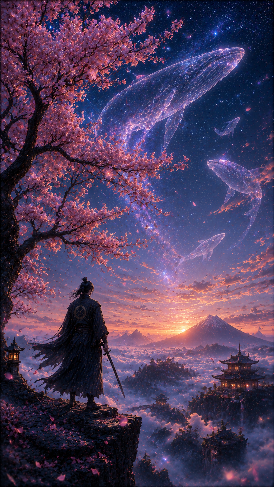 Samurai Beneath Cosmic Whales and Cherry Blossoms