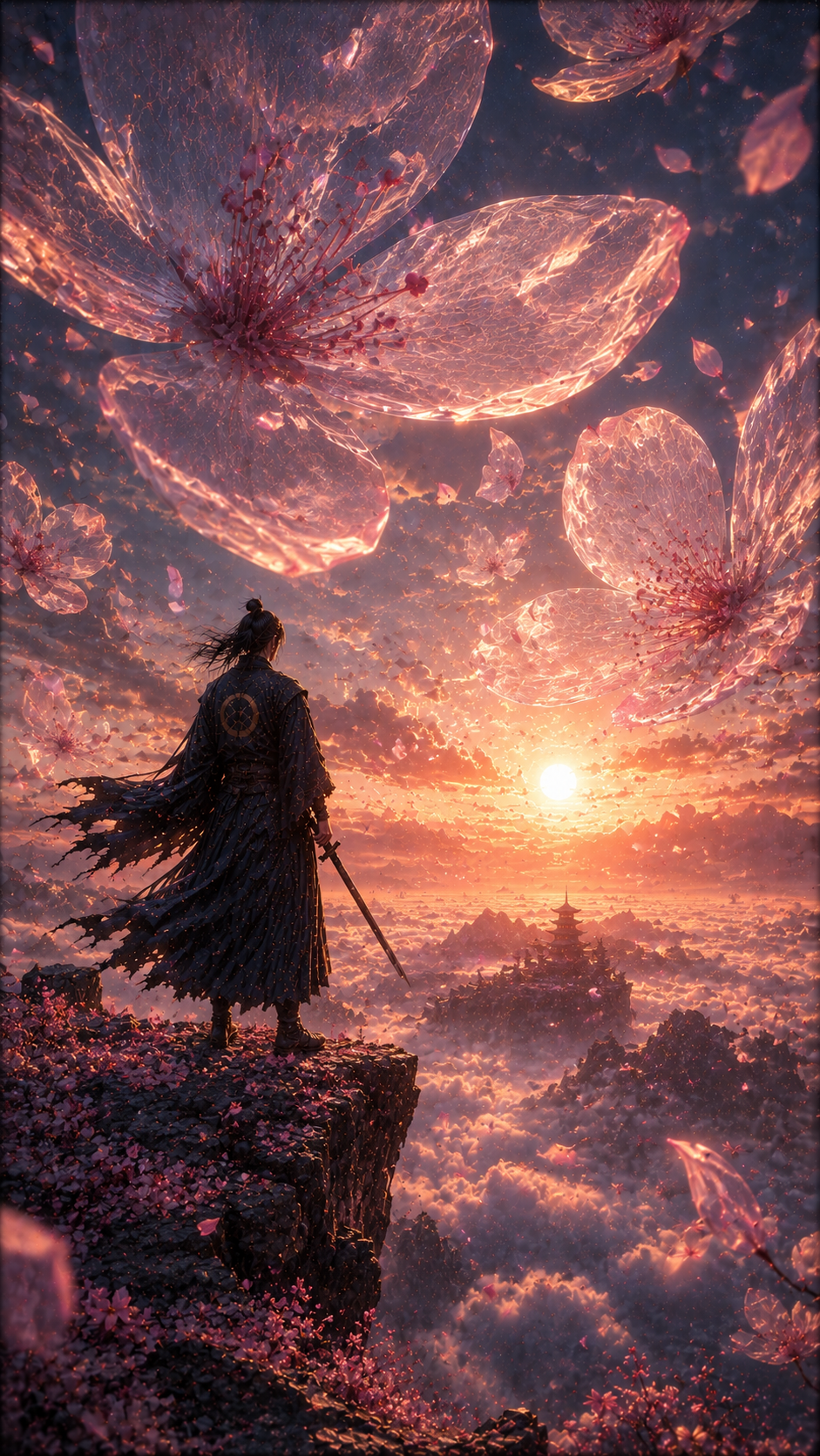 Samurai Beneath Giant Cosmic Blossom