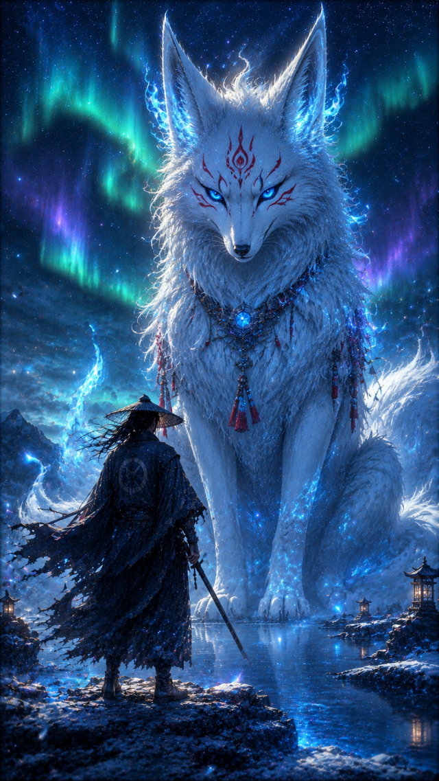 Samurai Facing Giant White Fox Spirit