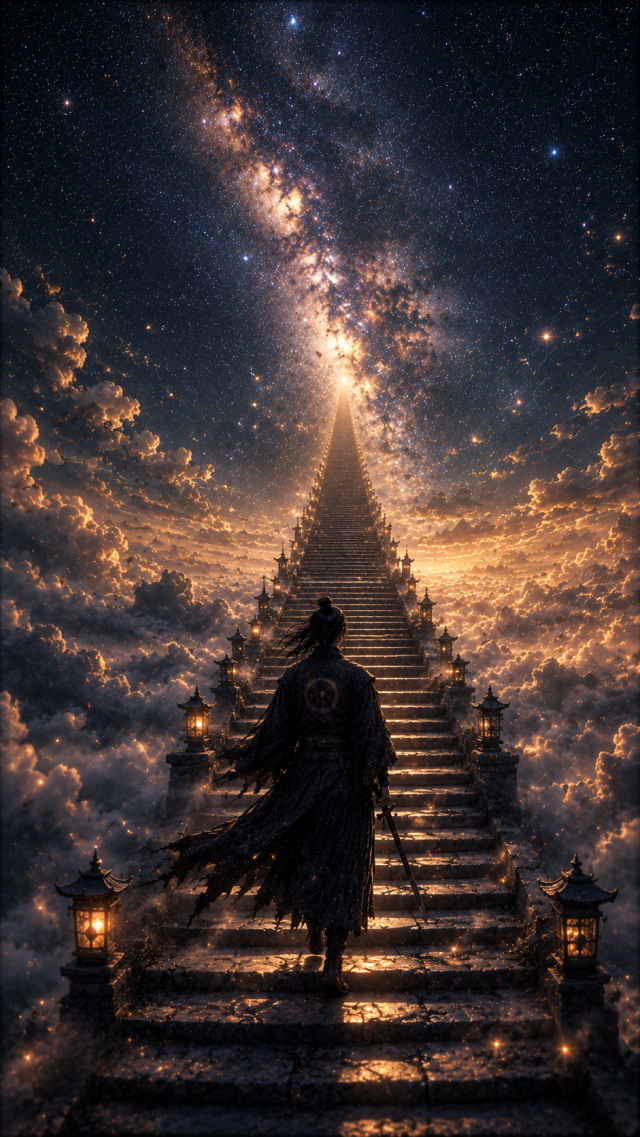 Samurai Climbing Stairway into the Milky Way