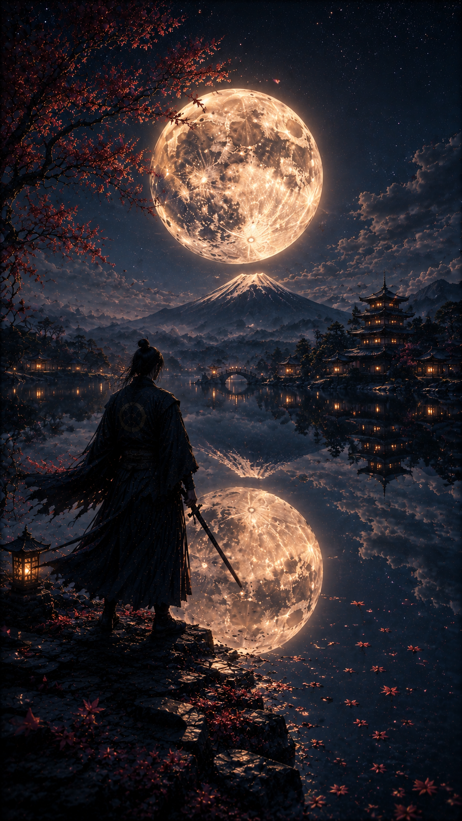 Samurai under Huge Moon over Lake Town