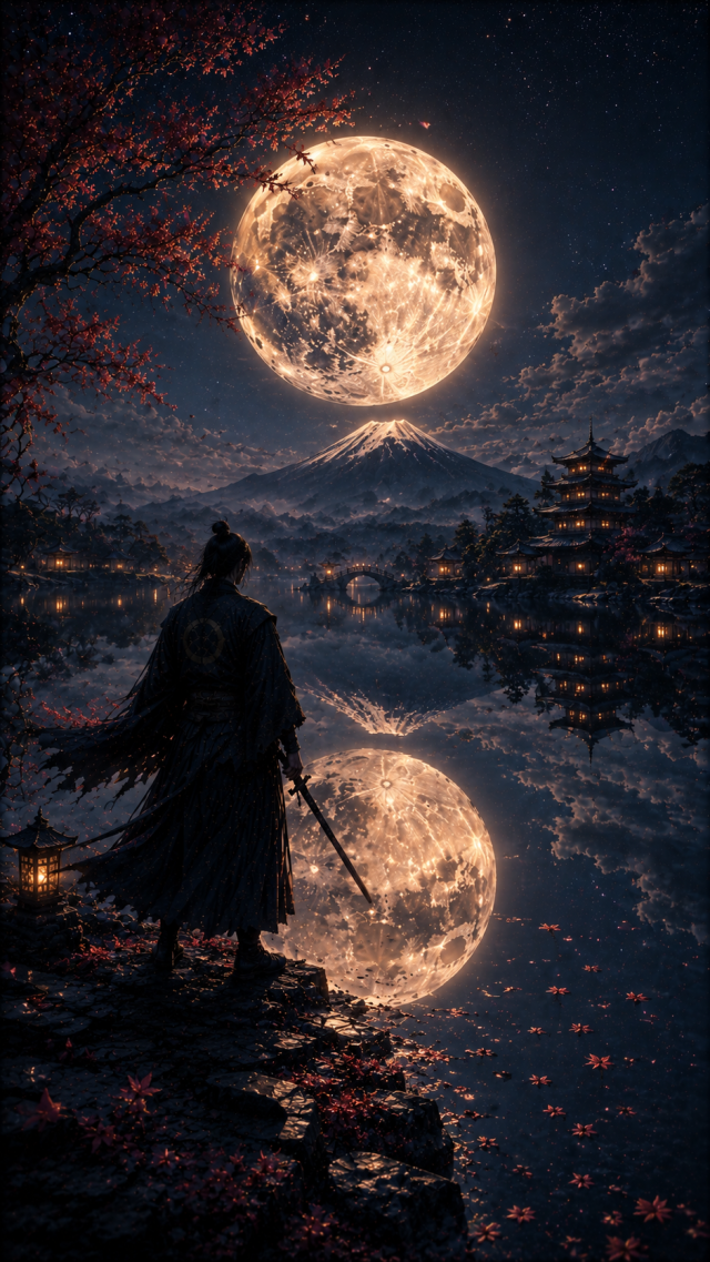 Samurai under Huge Moon over Lake Town
