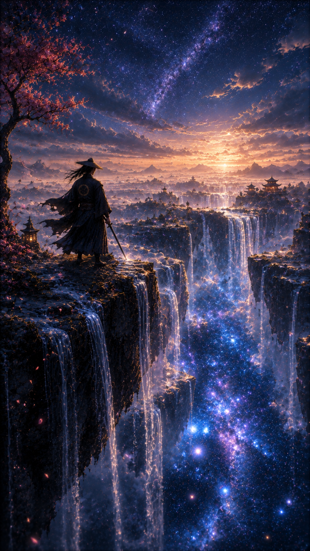 Samurai Beside Cosmic Waterfall Cliffs