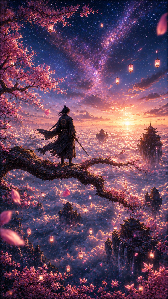 Samurai Standing On Blossom Branch at Sunrise