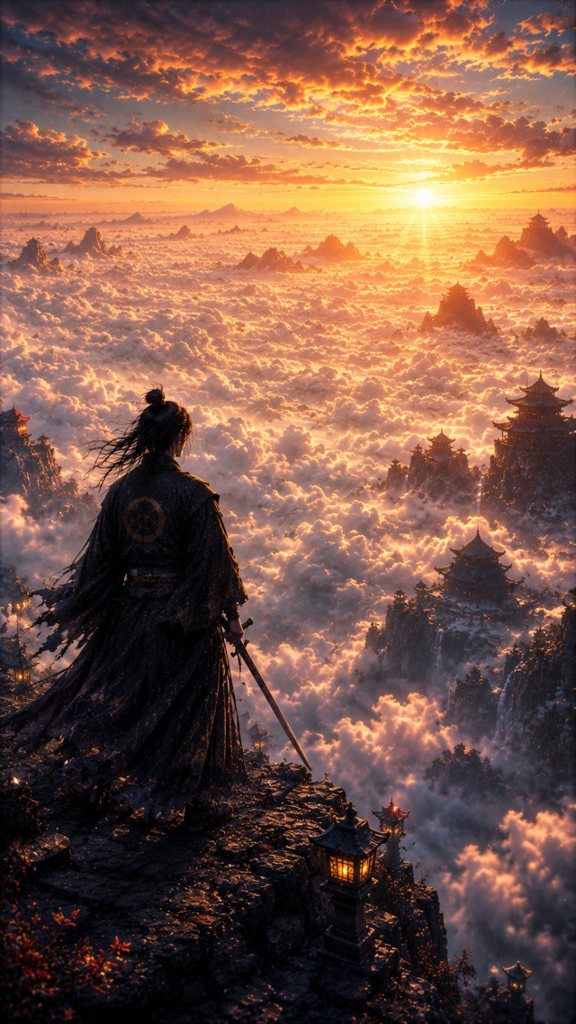 Samurai above Clouds with Lantern and Sunrise