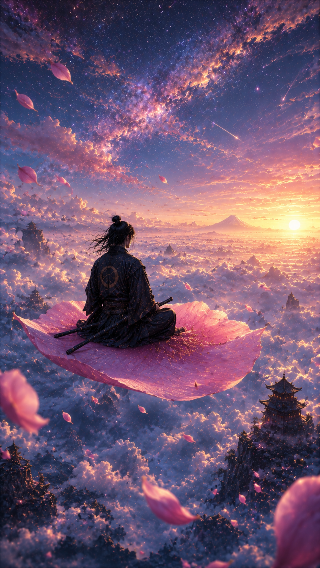 Samurai Riding Pink Cloud Carpet at Sunrise