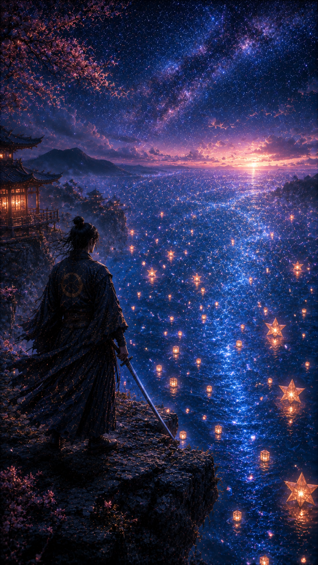 Samurai Watching Star Lanterns over Blue Sea