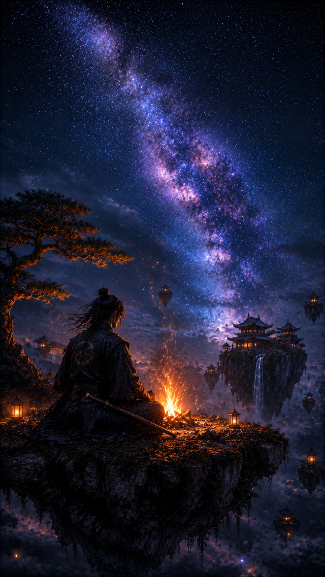 Samurai by Milky Way Campfire On Floating Cliff