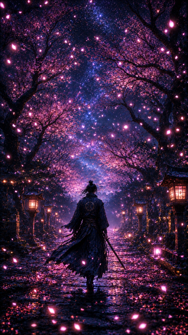 Samurai On Pink Starlit Blossom Path