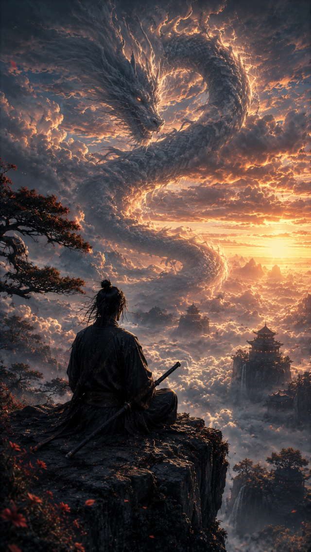 Samurai Watching Cloud Dragon at Sunset