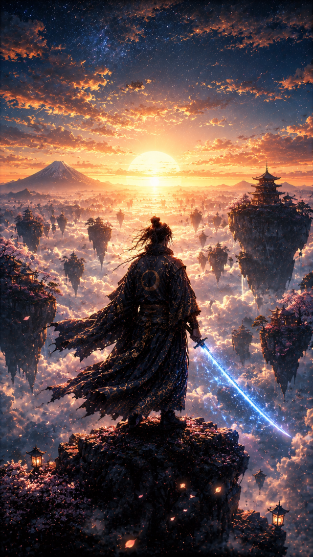 Samurai On Cliff with Glowing Blue Sword