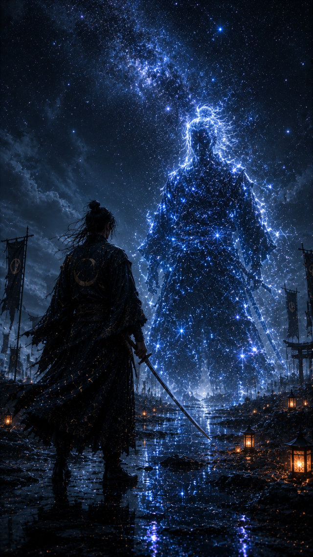 Samurai with Blue Cosmic Spirit Horse