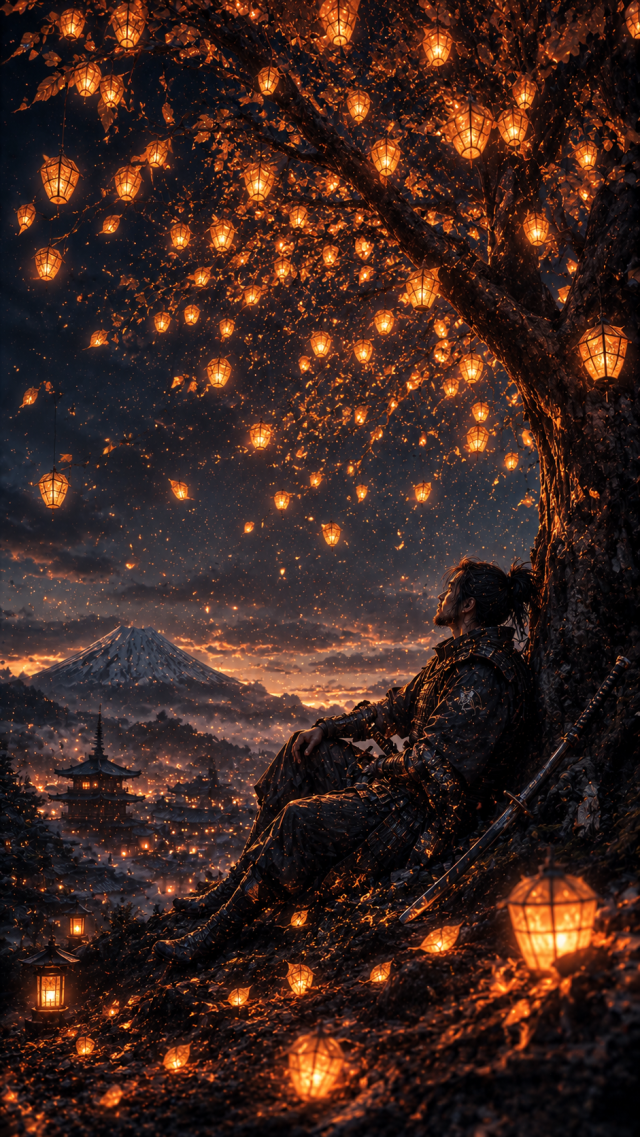 Samurai Resting Beneath Golden Lantern Tree
