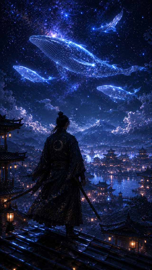 Samurai under Blue Whale Spirits in Night Sky