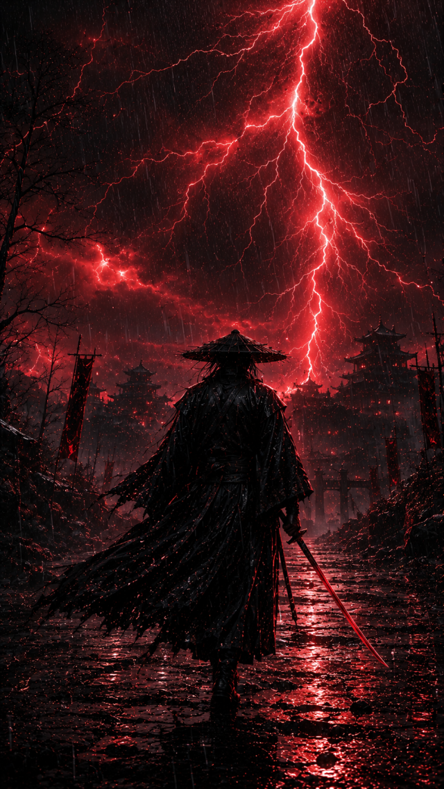 Samurai Beneath Red Lightning Storm