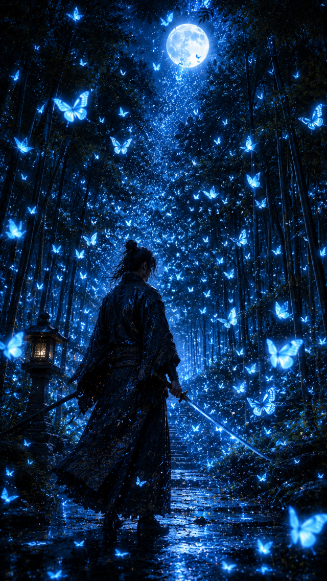 Samurai in Blue Butterfly Forest under Moon