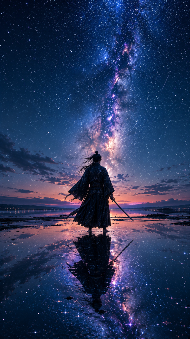 Samurai Reflected Beneath Milky Way Beach