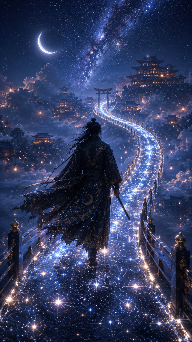 Samurai On Luminous Road to Crescent Temple
