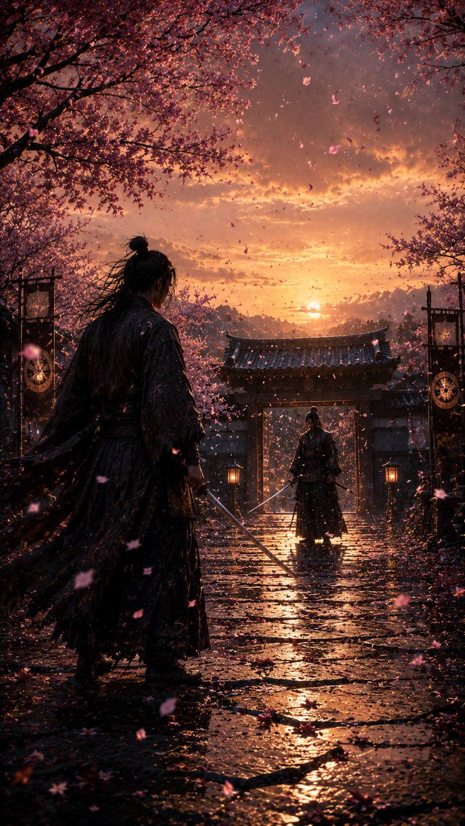 Samurai at Rainy Sunset Shrine Gate