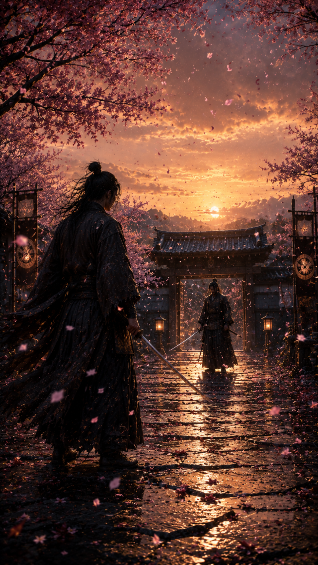 Samurai at Rainy Sunset Shrine Gate