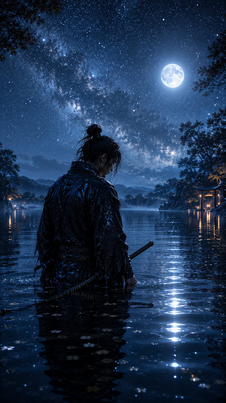 Samurai Kneeling in Moonlit Water