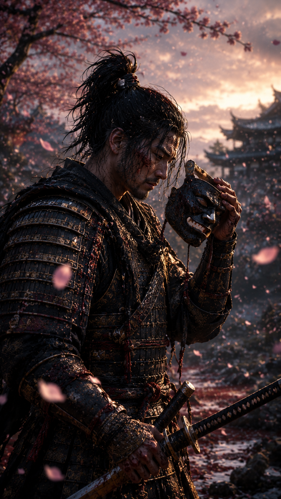 Close-Up Samurai Portrait under Falling Petals