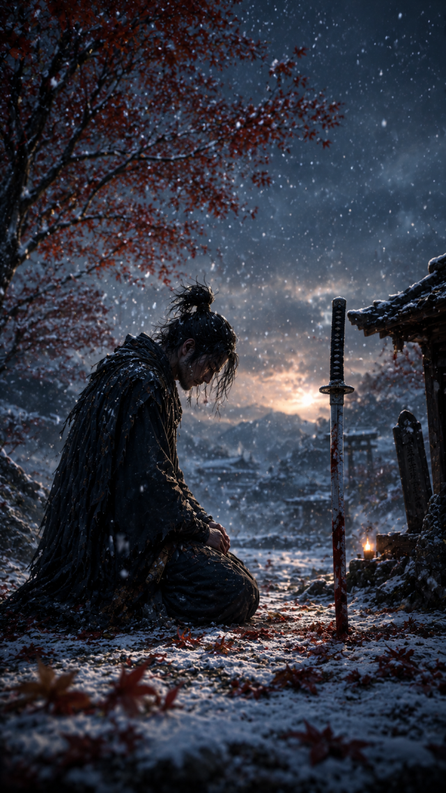 Samurai Kneeling in Snowy Red Maple Garden