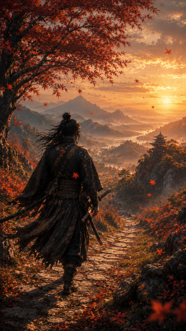 Samurai Walking Autumn Mountain Path
