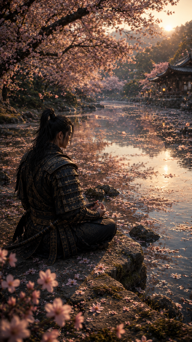 Samurai Meditating Beside Cherry Blossom Lake