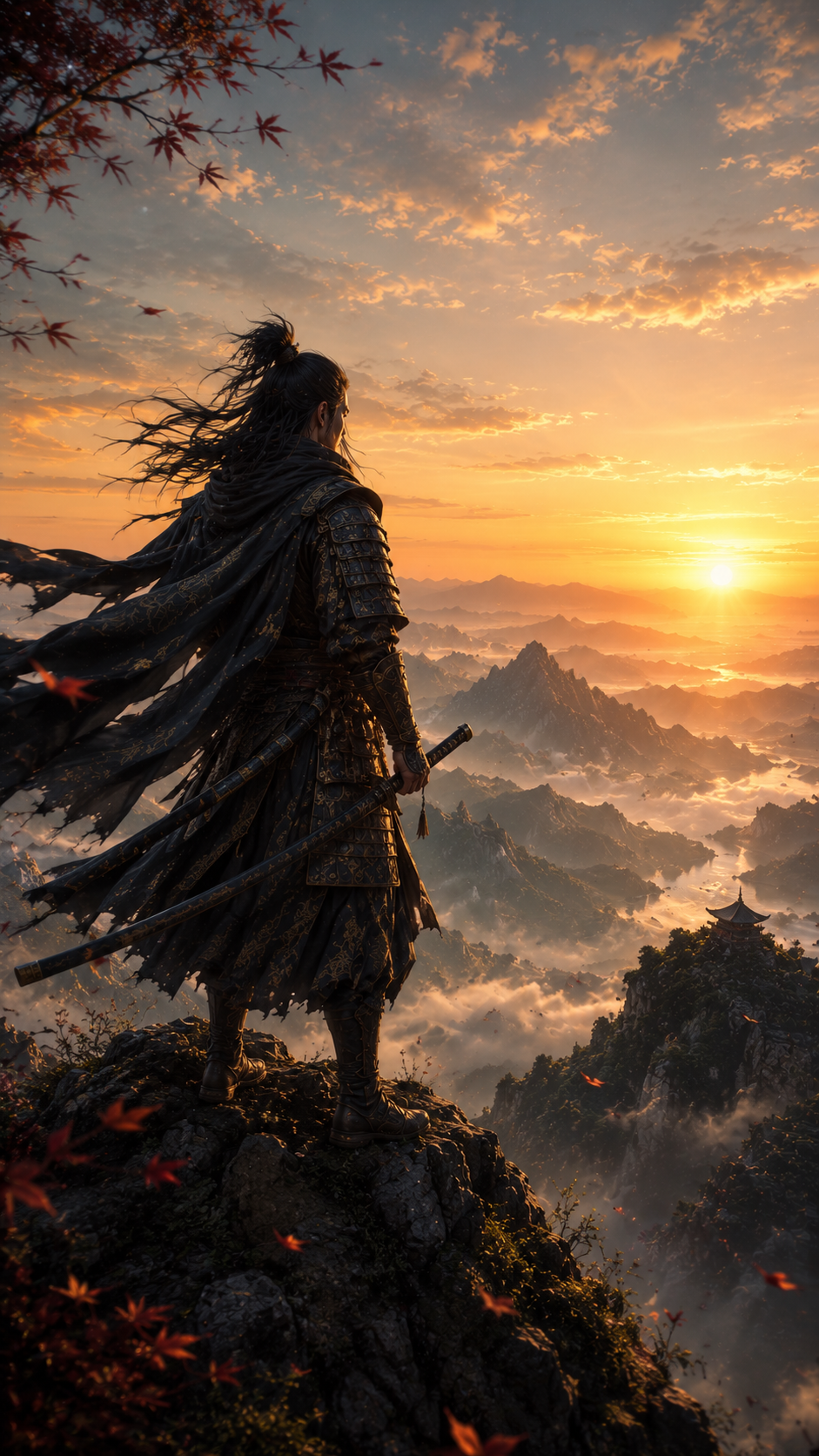 Samurai Standing over Sunrise Mountain Valley