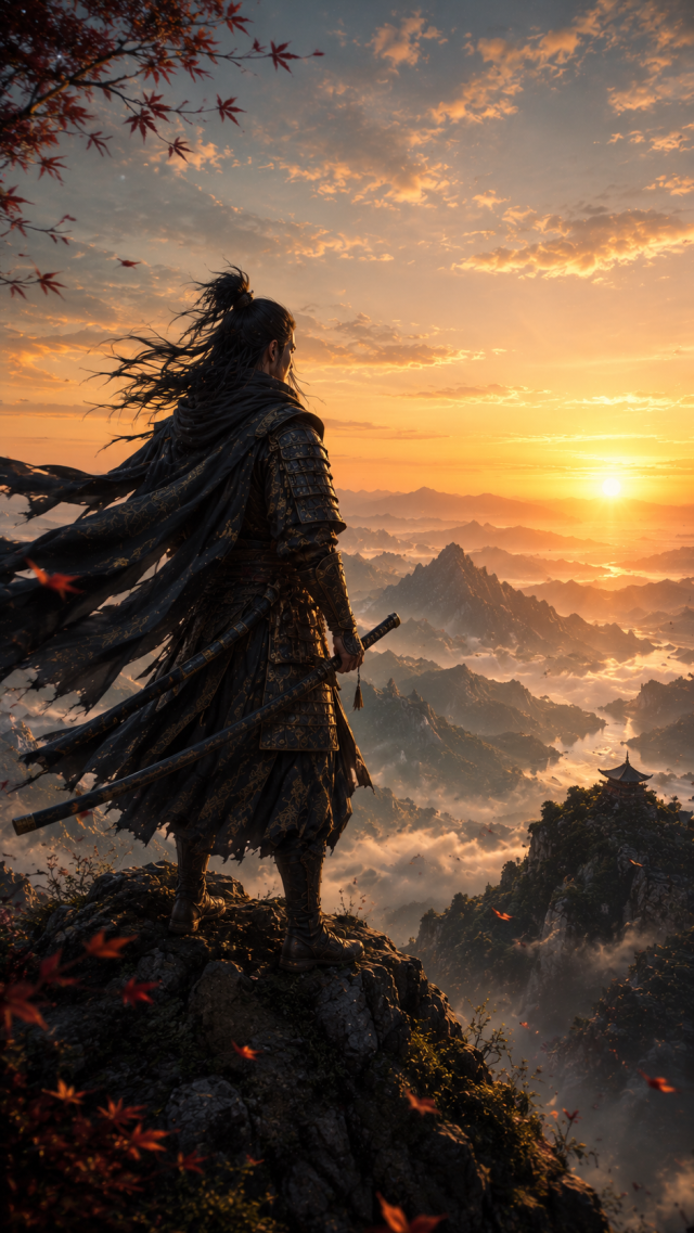 Samurai Standing over Sunrise Mountain Valley