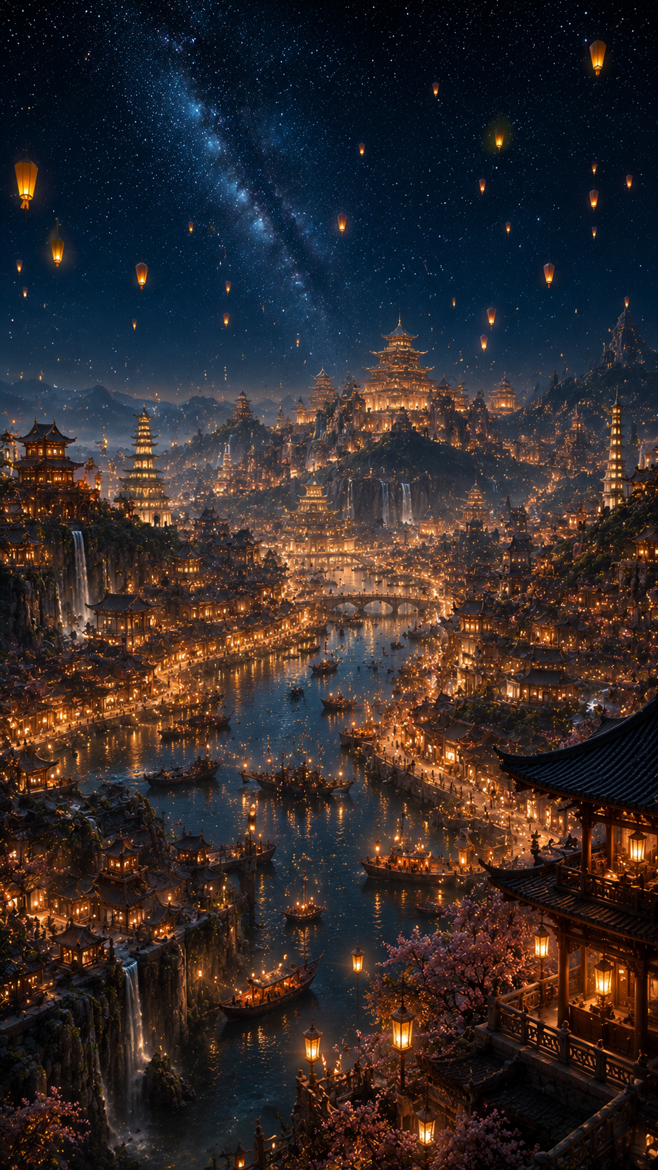 Golden Lantern City under Stars