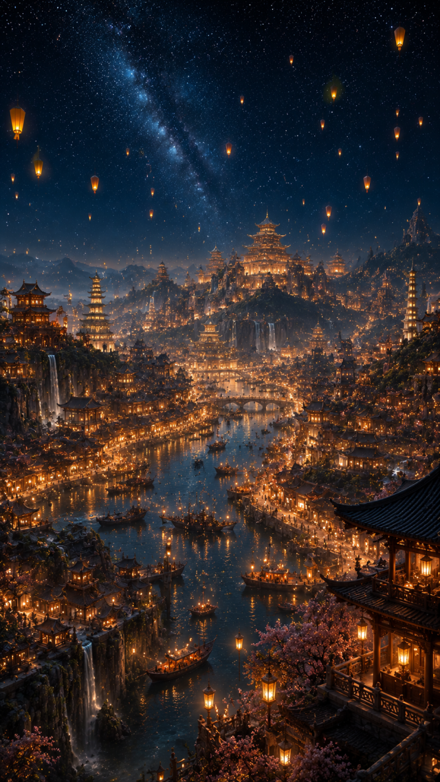 Golden Lantern City under Stars