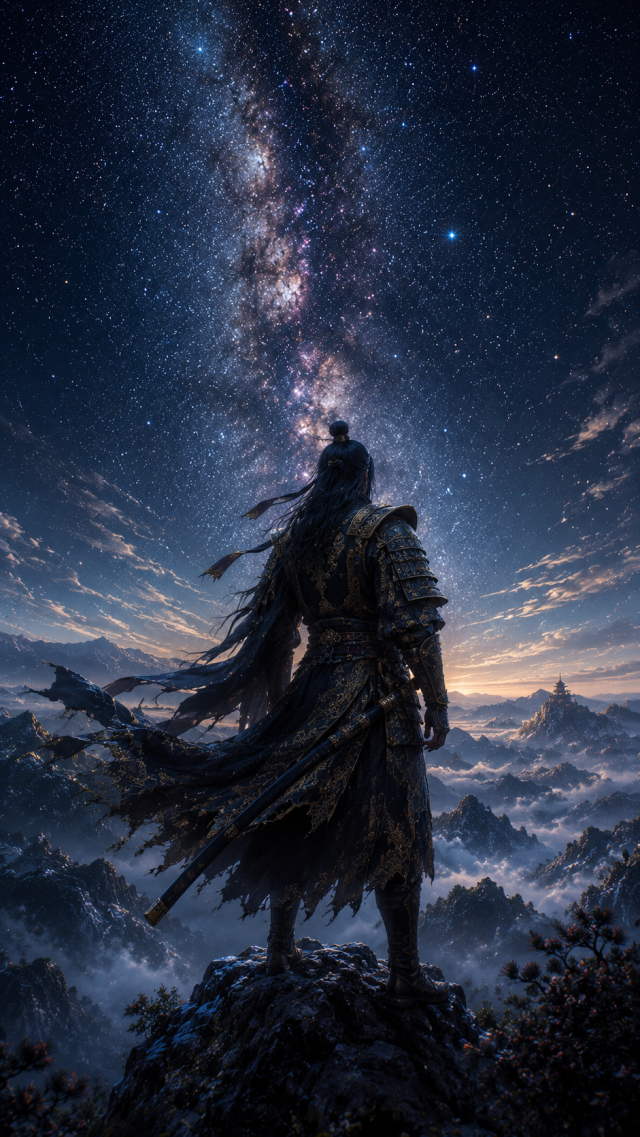 Samurai On Mountain Ridge Beneath Milky Way