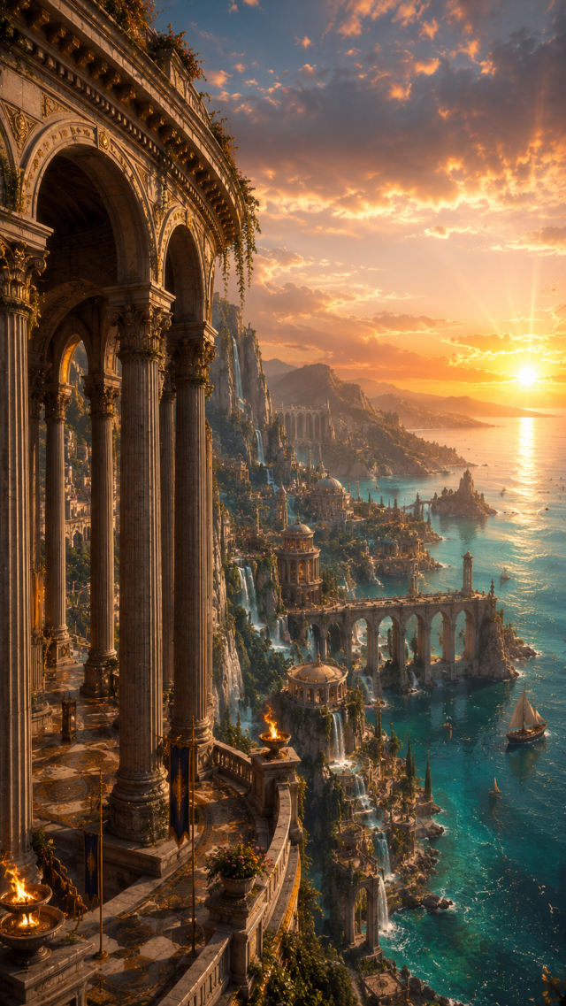 Ancient Coastal Palace at Sunset