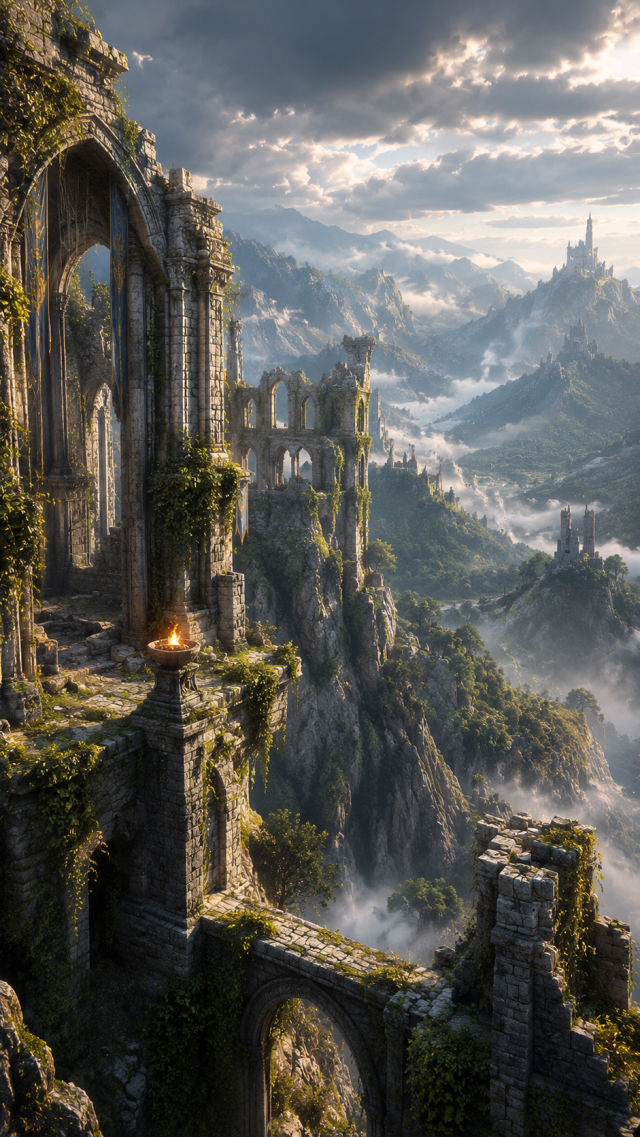 Ruined Stone Archway in Mountain Valley
