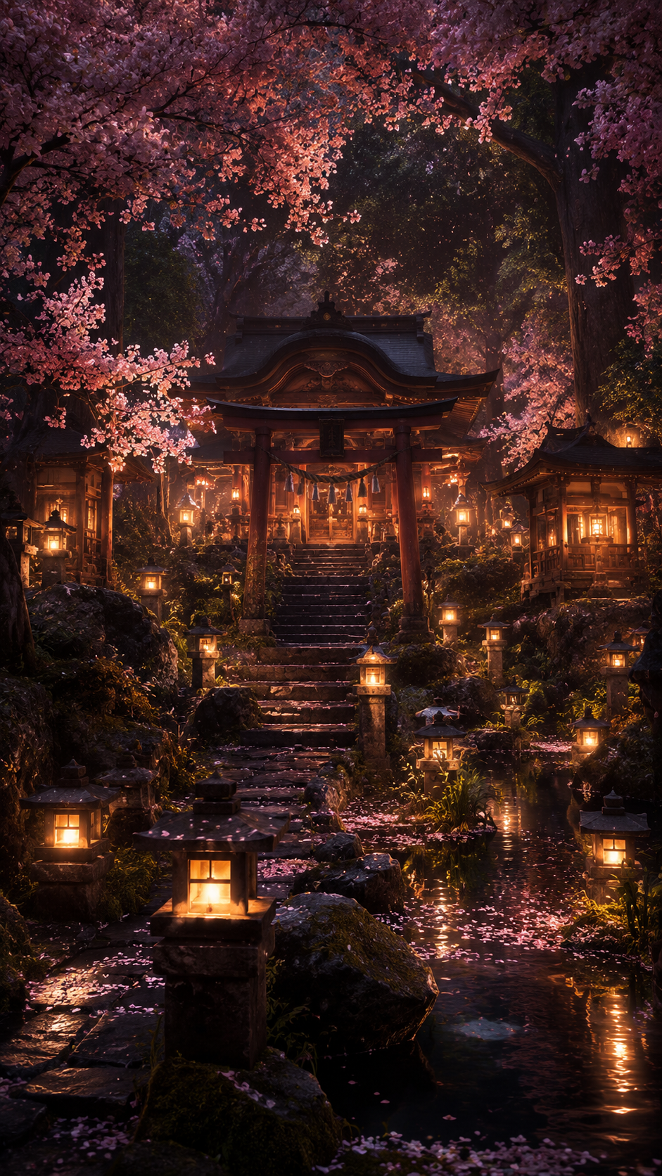 Lantern Temple Garden under Cherry Blossoms