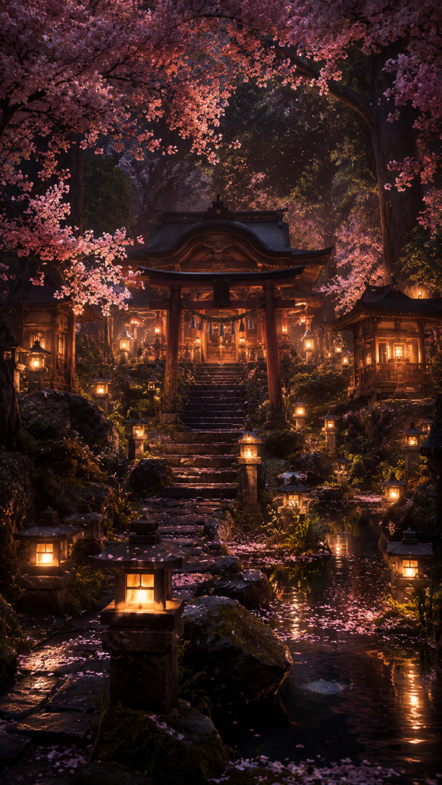 Lantern Temple Garden under Cherry Blossoms