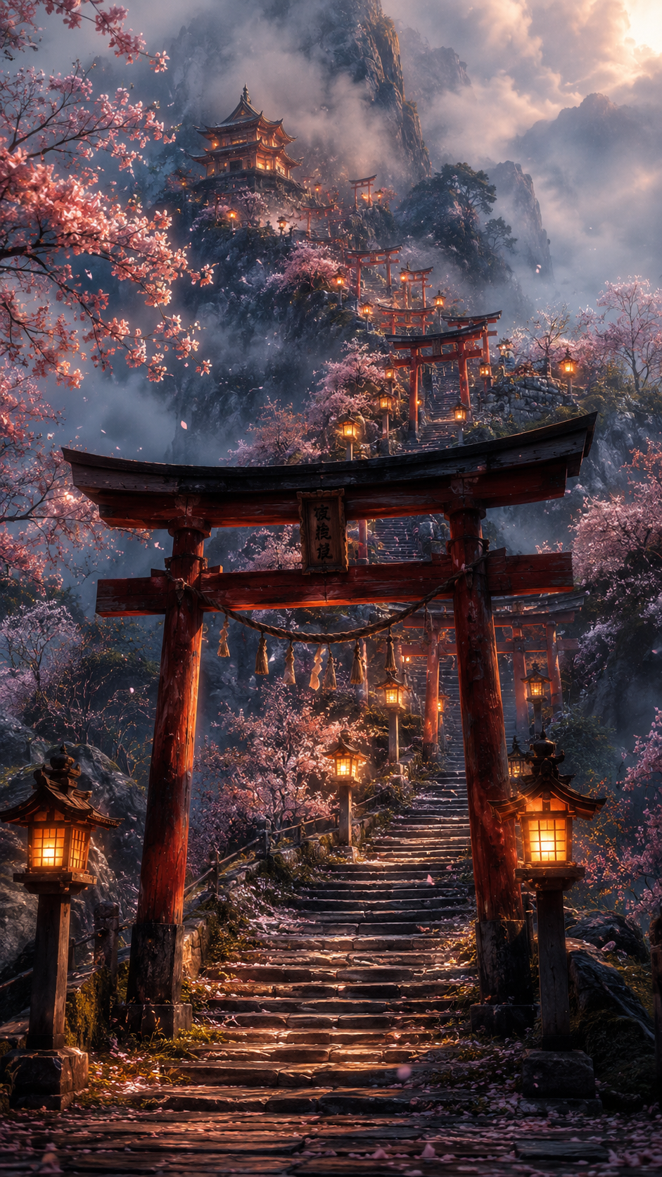 Torii Gate Path through Misty Blossoms