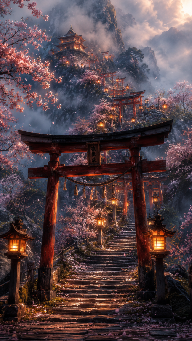 Torii Gate Path through Misty Blossoms