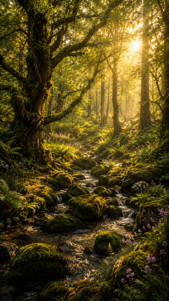 Sunlit Mossy Forest Stream