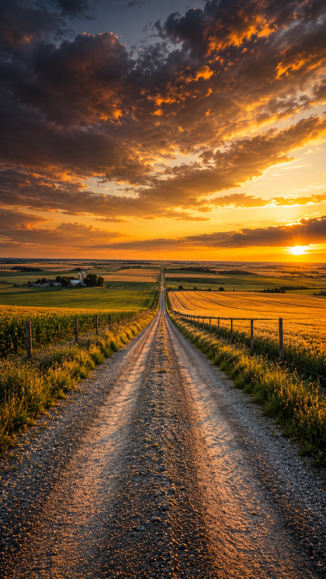 Straight Gravel Road at Sunset